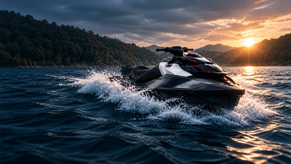 Personal watercraft on the water at sunset